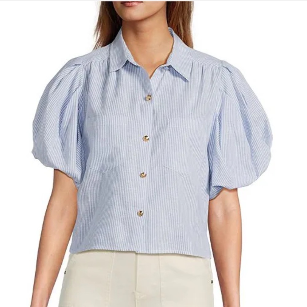 Linen Stripe Point Collar Short Bubble Sleeve Button Front Shirt